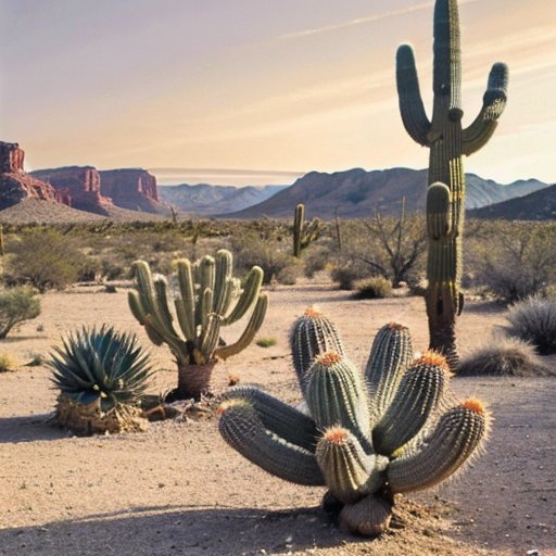 Яркий пустынный ландшафт с колонновидными кактусами на фоне ясного голубого неба.