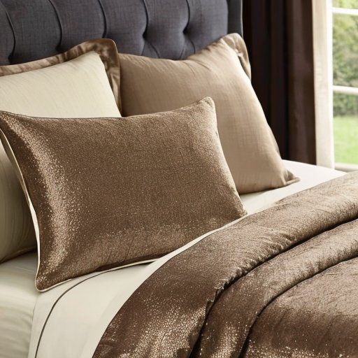 Два аккуратно оформленных комплекта постельного белья: рафноровый и поплиновый, на уютной кровати.