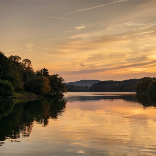Спокойный рассвет над мирным пейзажем с отражением в озере и чашкой чая на столе.