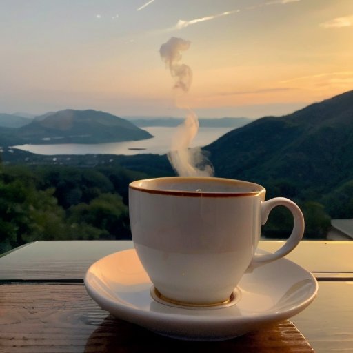 Спокойный рассвет над озером с книгой и чашкой чая.