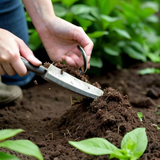 Ухоженная грядка с богатой, рыхлой почвой и садовыми инструментами.