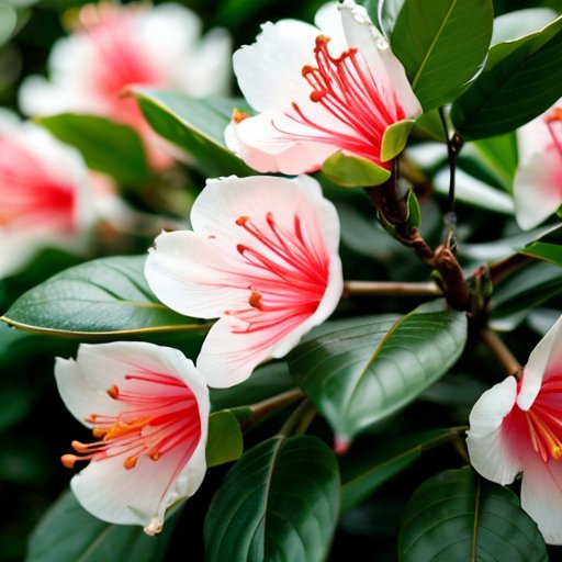 Роскошный куст рододендрона в ухоженном саду с яркими цветами и блестящими листьями.