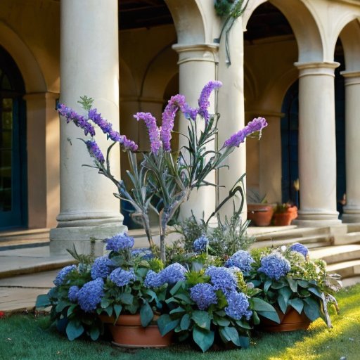 Цветущий розмарин в саду с яркими цветами и зелеными листьями.