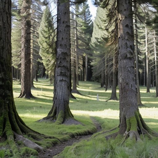 Здоровый хвойный лес с зелеными соснами и участок, пораженный сажистым грибком.