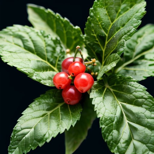 Здоровый куст черной смородины с зелеными листьями и увядшими бордовыми листьями, рядом садовые инструменты и ясное голубое небо.