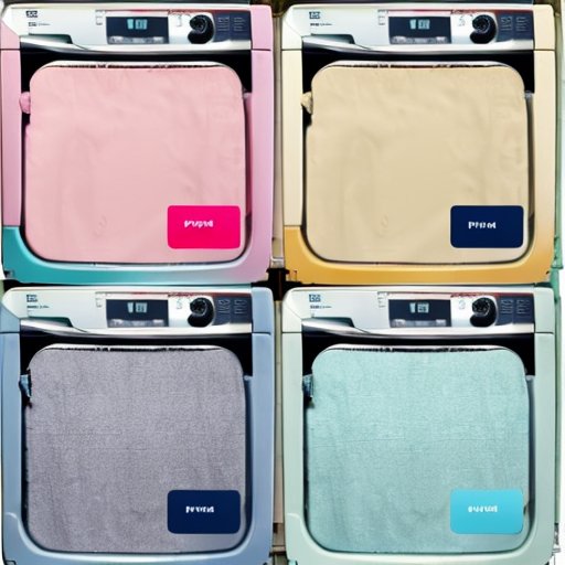 Яркие образцы спанбонда с иконками инструкций по стирке рядом с стиральной машиной.