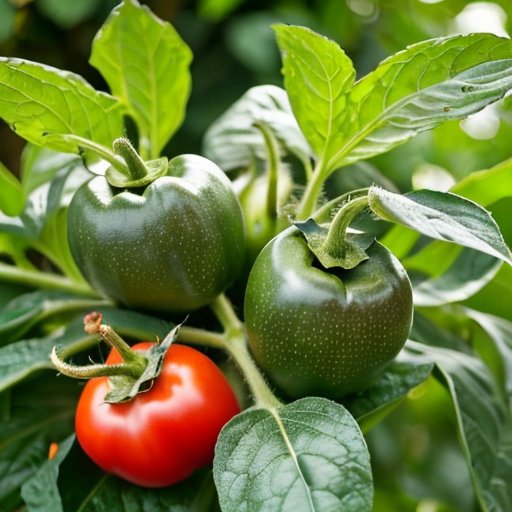 Сад с разнообразными спелыми растениями семейства пасленовых: помидоры, баклажаны и перцы. Рядом rustic корзина для сбора урожая на фоне солнечного неба и зелени.