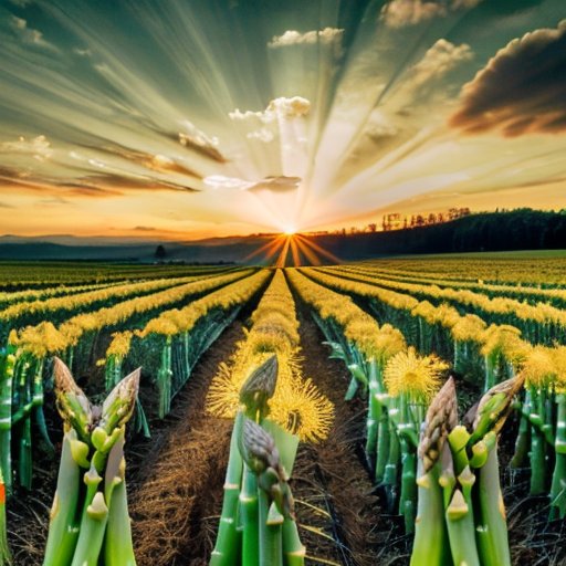 Зеленое поле спаржи в сезон сбора урожая с яркими спаржевыми побегами и деревянной корзиной.