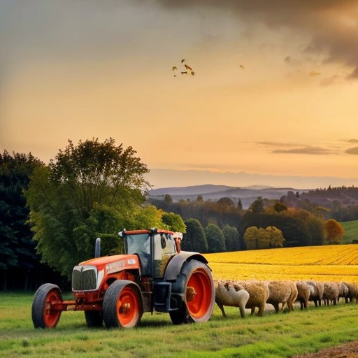 Яркий осенний пейзаж с урожаем: яблоки, груши, морковь, картофель и корзина с цитрусовыми на фоне голубого неба и холмов.