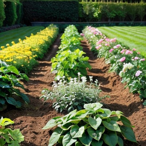 Садовый ландшафт: здоровые картофельные и яркие томатные растения, инструменты для подготовки почвы и элементы севооборота.