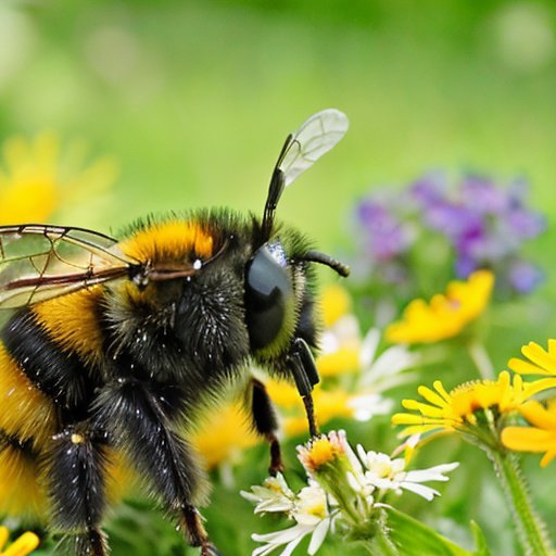 Цветущая луг с яркими цветами и шмелями, подчеркивающая красоту природы и важность опылителей.