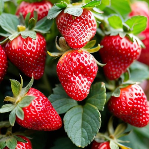 Яркий клубничный сад с различными сортами клубники, спелыми ягодами и зелеными листьями на фоне солнечной погоды.