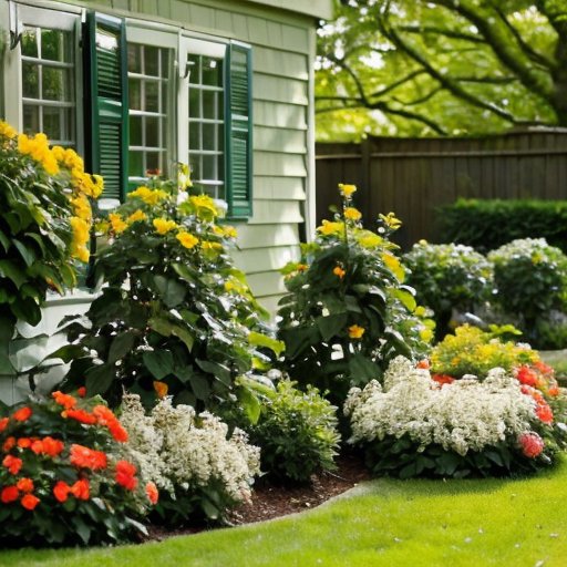 Яркий сад с цветущими кустами смородины, зелеными листьями и солнечными лучами.