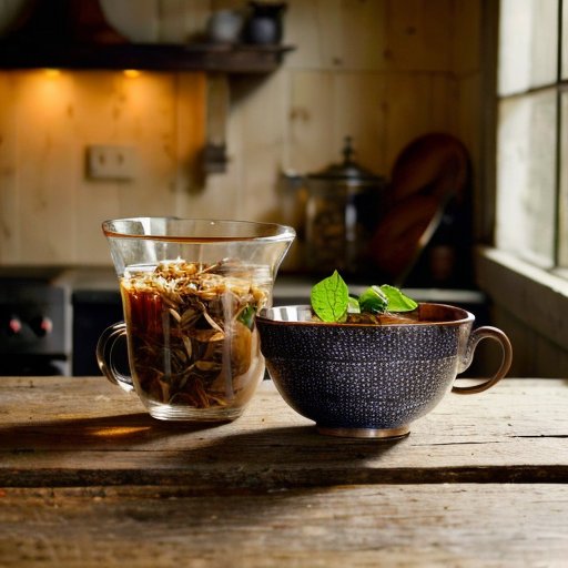 Деревянный стол с сушеными листьями сныти в банке, травяным чаем и блюдами.