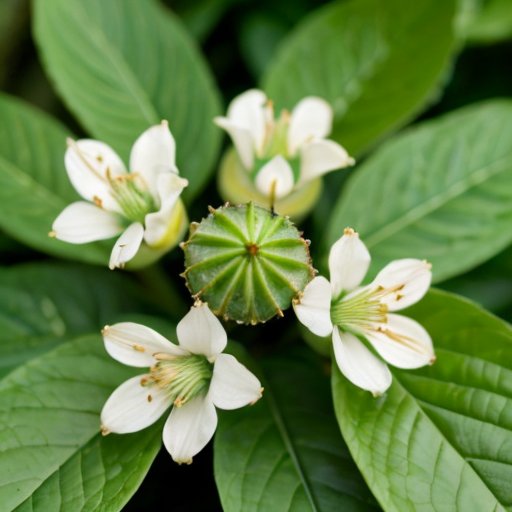 Зеленый лесной пол с растениями сныти, их широкими сердцевидными листьями и белыми цветами, среди съедобных диких растений, мягкий солнечный свет.