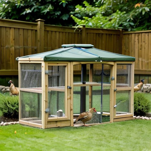 Уютный вольер для перепелов с тенистым участком и кормушкой на фоне солнечного дня.
