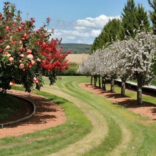 Цветущий яблоневый сад с разнообразными растениями-соседями, привлекающими опылителей.