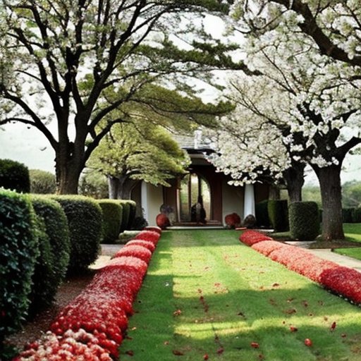 Солнечный сад с туями и фруктовыми деревьями под ясным небом.