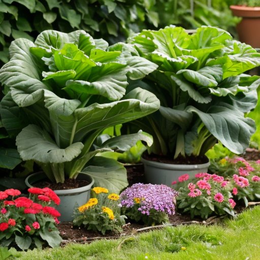 Яркий сад с рядами здоровых капусты и картофеля, окруженных цветами и травами.