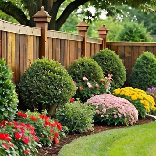 Яркий сад с цветочными клумбами, мульчированными корой сосны, здоровыми деревьями и декоративными каменными дорожками.
