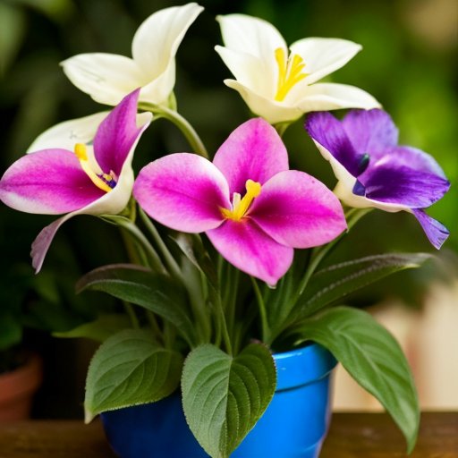 Яркий фиалковый цветок в светлом помещении с зелеными листьями, окруженный инструментами для ухода за растениями.