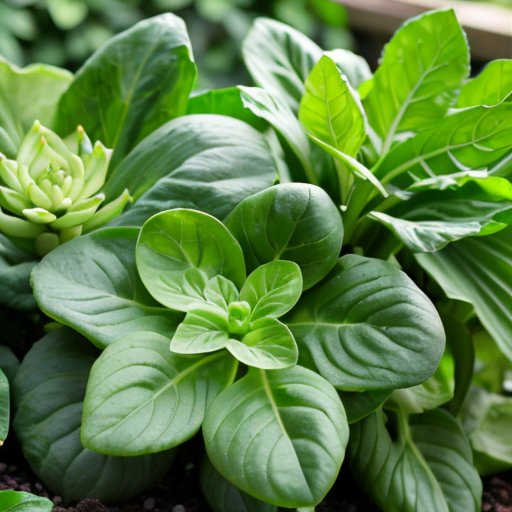 Яркая теплица с рядами здоровых огуречных растений и их компаньонов: базилик, салат, редис, лук и укроп.