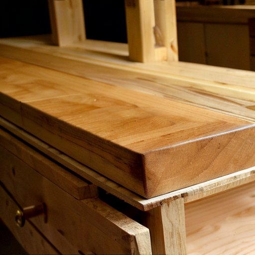 Деревянная двуспальная кровать в мастерской с инструментами и чертежом.