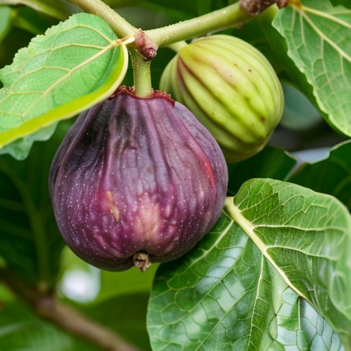 Инжирное дерево с плодами разных стадий зрелости на фоне солнечного света и зелёных листьев.