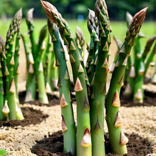 Яркий сад спаржи с растениями разных стадий роста под солнечным небом.