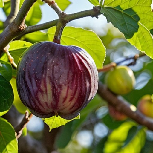 Солнечный сад с фиговым деревом, зрелые фиги и термометр с оптимальной температурой для роста.