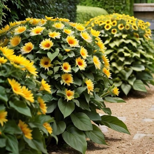 Ряд ярких топинамбуров в виде живой изгороди на фоне ясного неба.