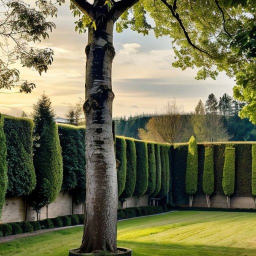 Здоровое дерево тополя на фоне живописного ландшафта с разнообразием растений.