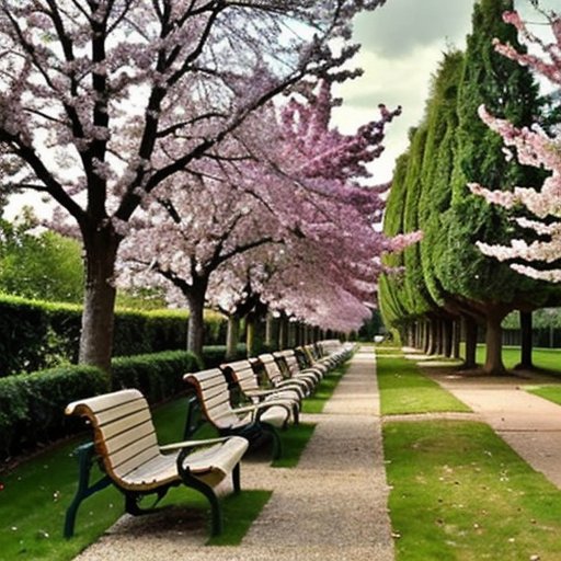 Городской парк с высокими тополями, зелеными листьями, спокойной дорожкой и скамейками для отдыха.
