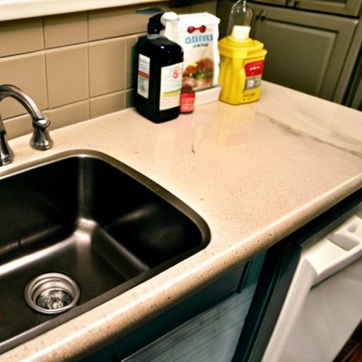 Чистая кухня с блестящей посудой, дезинфицирующим средством, резиновыми перчатками и ловушкой для мышей.