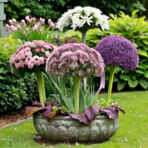 Цветущий сад с луковичными цветами (Allium) в фиолетовых, розовых и белых оттенках, окруженный зелеными растениями и деревянным бордюром.