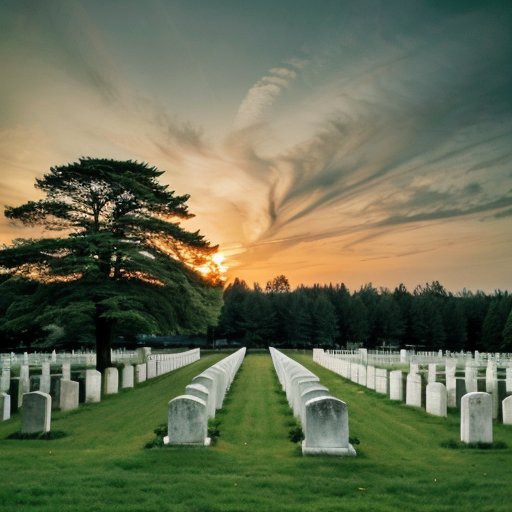 Спокойное кладбище с туями и элегантными надгробьями на фоне ясного неба.