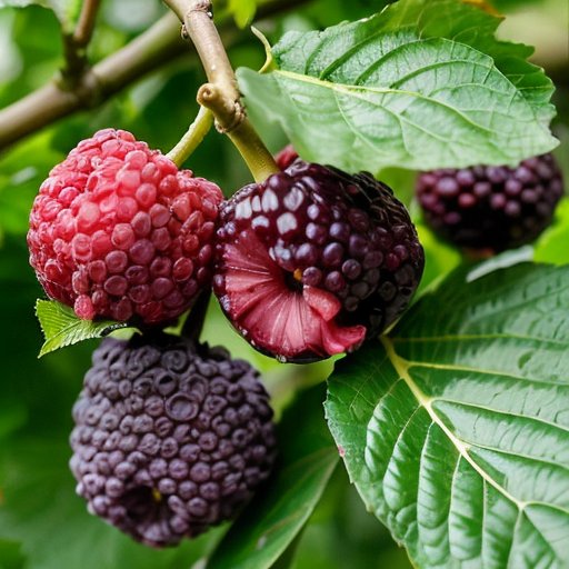 Сочная шелковица с зрелыми ягодами на фоне контрастных климатов: солнечная сторона и прохладная зона с признаками смены сезонов.