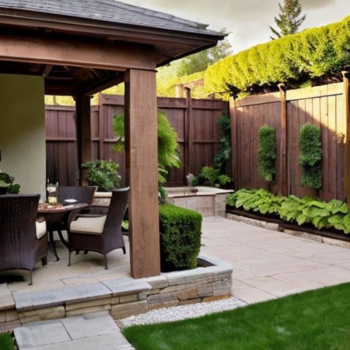 Спокойный задний двор с зелеными живыми изгородями, деревянными экранами и уютной перголой, окруженной растениями.