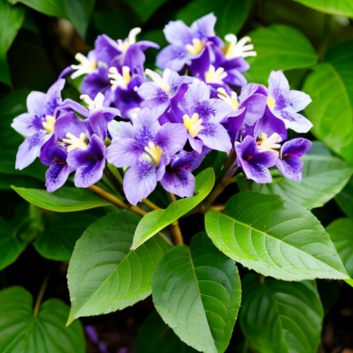 Лиловый куст с яркими цветами, зеленая листва, появляющиеся побеги и садовые инструменты.