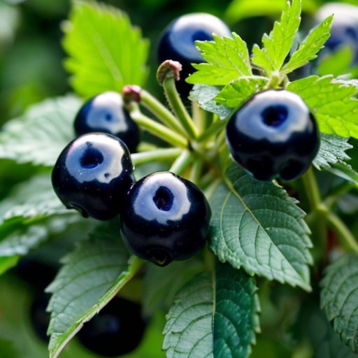 Чёрная смородина в солнечном саду с зелеными листьями, спелыми ягодами и инструментами для ухода.