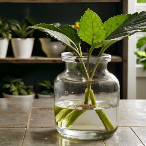 Здоровый черенок бальзамина в воде с trimmed листьями, окруженный горшками с субстратами и приборами для контроля температуры и влажности.