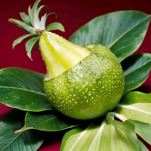 Экзотический конусообразный фрукт с зелёной кожурой и мягкой белой мякотью на деревянном столе в тропическом окружении.