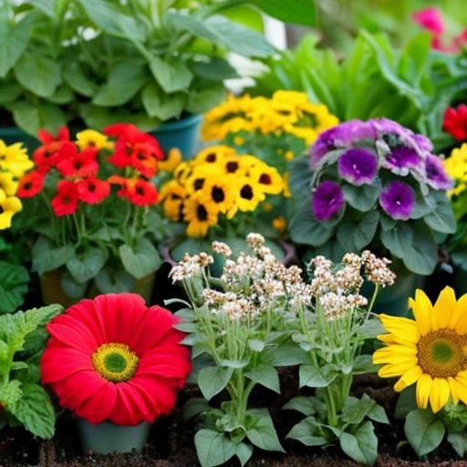 Яркая теплица с рассадой в цветных горшках и инструментами для садоводства.