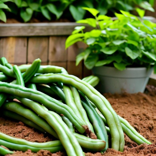 Солнечный сад с зелеными стручковыми фасолями, аккуратные ряды, коричневая почва и садовый инструмент.
