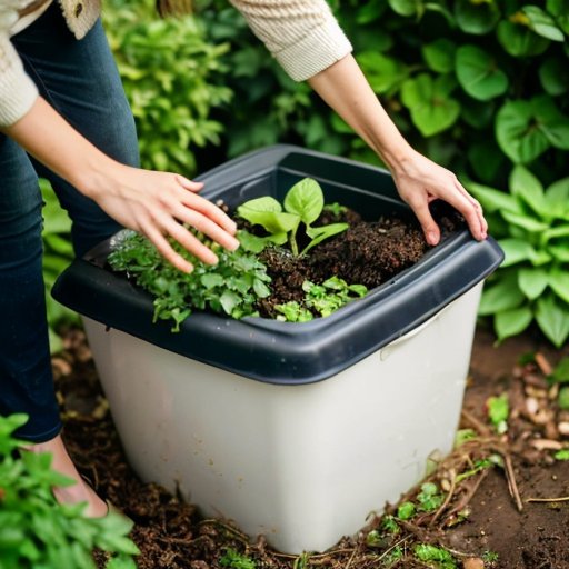 Сад с компостной ямой для собачьих отходов, окруженный зеленью и цветами.