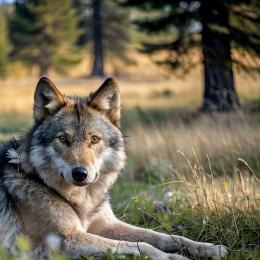 Спокойный лесной пейзаж с цветами и силуэтом волка, символизирующий вакцинацию диких животных.