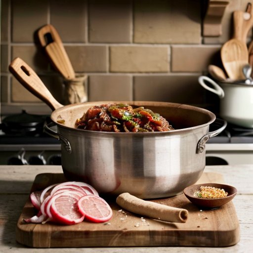 Рустикальная кухня с кастрюлей мяса, сушеными луковыми шелухами, солью, свежими травами и кухонными принадлежностями.