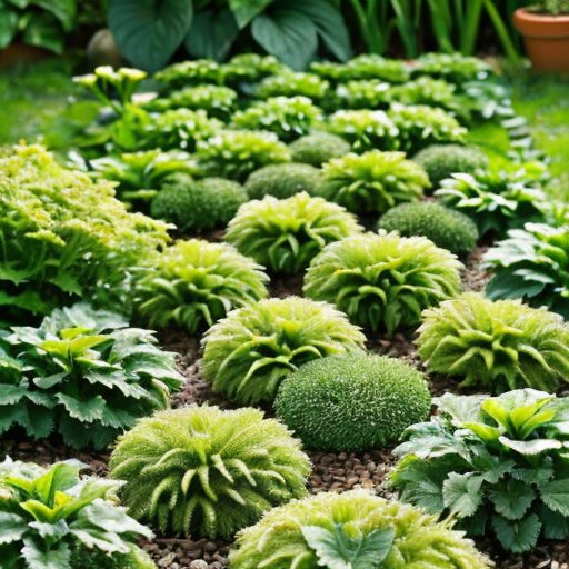 Пышный ландшафт с зелёным растением плантагой, подготовленной почвой и небольшими садовыми инструментами под ясным небом.