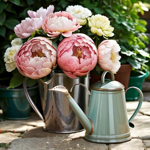 Сад с яркими пионами, инструментами и ясным весенним небом.