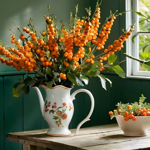 Сцена весеннего сада: обрезка облепихи с яркими листьями и оранжевыми ягодами, рядом садовые ножницы на деревянном столе, мягкий солнечный свет.